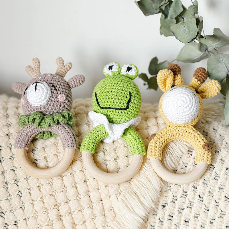 1pc Baby Wooden Rattle Toy Crochet Animal Giraffe Baby Teether Gym Music Rattle Ring Toys Newborn Pram Stroller Toy Baby Product