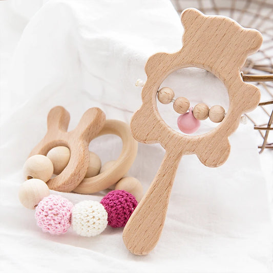 2pcs/Set Baby Wooden Teether Beech Rattle Toys Teething Bracelet Wood Ring Animal Pendant Gym Play Stroller Toys Baby Products