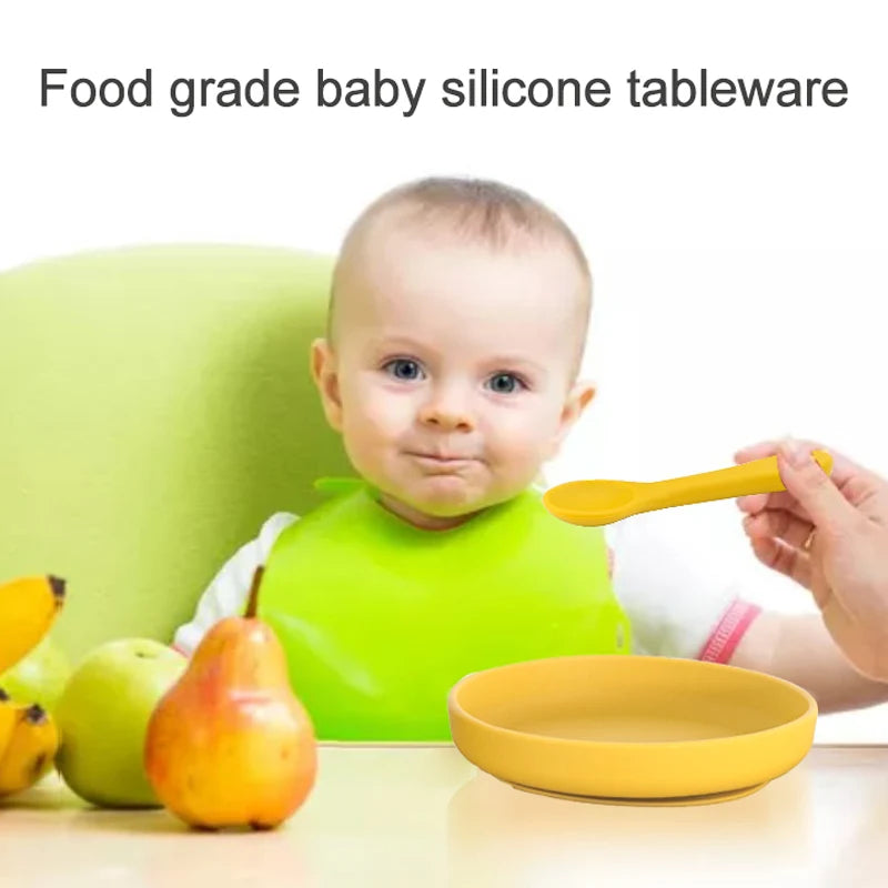 100%Food Grade Silicone Baby Feeding Plate Suction Tableware Spoon Waterproof Suction Bowl Kids Non-slip Children's Products