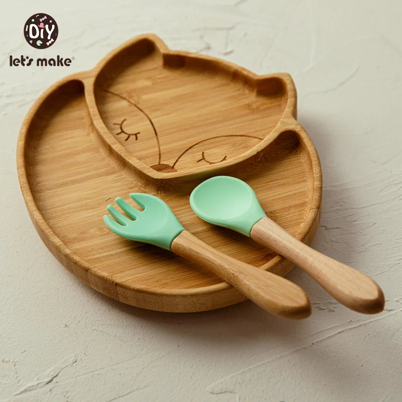 Let's Make Baby Dinner Plates Set Wooden Cartoon Dinner Plate Fork Spoon Children Feeding Plate Safe Edible Silicone Product