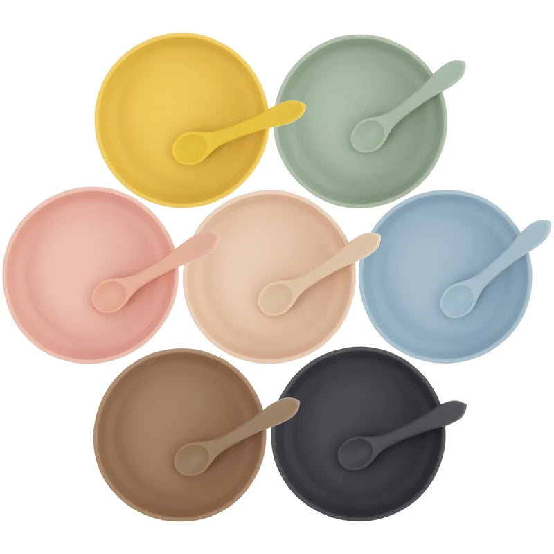 100%Food Grade Silicone Baby Feeding Plate Suction Tableware Spoon Waterproof Suction Bowl Kids Non-slip Children's Products