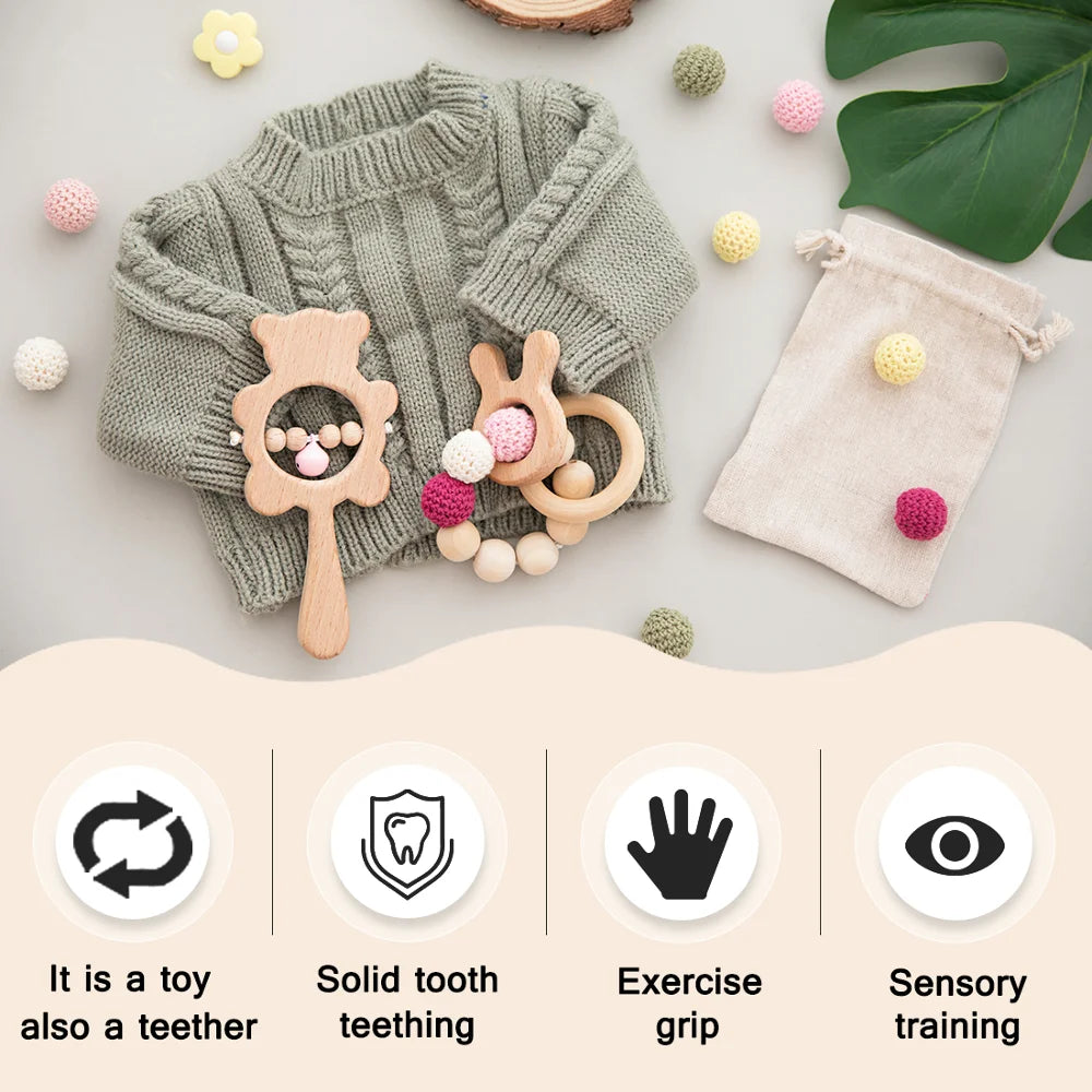 2pcs/Set Baby Wooden Teether Beech Rattle Toys Teething Bracelet Wood Ring Animal Pendant Gym Play Stroller Toys Baby Products