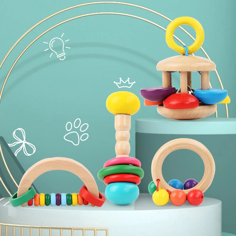 1pc Baby Toys Beech Wooden Rattle Hand Bells Toys Of Newbron Montessori Educational Toys Mobile Rattle Wooden Ring Baby Products