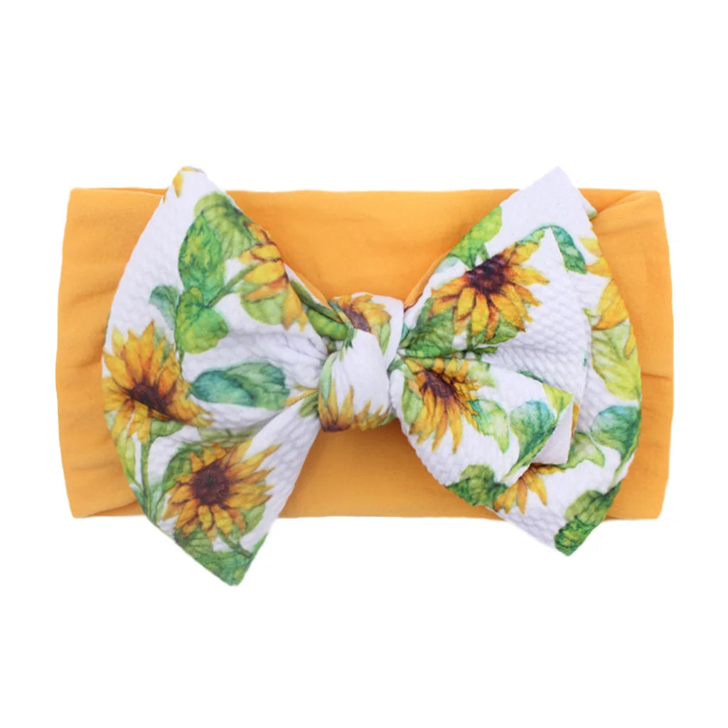 New Kids Printed Big Bow Nylon Headband Soft Elastic Hair Accessories Baby Bow Print Head Cover Bandana Newborn Baby Products