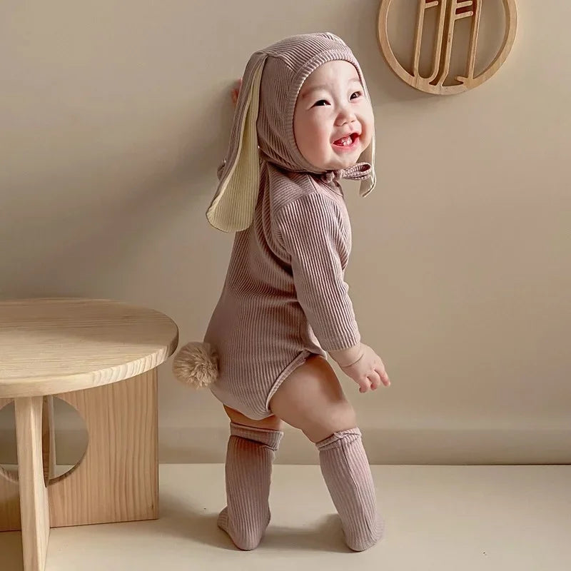 2024 Newborn Infant Baby Boy Girl Bunny Hooded Rabbit Ear Jumpsuit Clothes Plush Tail Baby Clothes Newborn Infant Romper EY08172