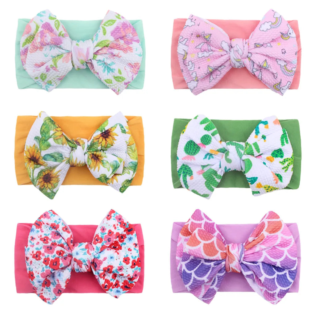 New Kids Printed Big Bow Nylon Headband Soft Elastic Hair Accessories Baby Bow Print Head Cover Bandana Newborn Baby Products