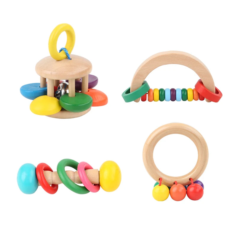 1pc Baby Toys Beech Wooden Rattle Hand Bells Toys Of Newbron Montessori Educational Toys Mobile Rattle Wooden Ring Baby Products